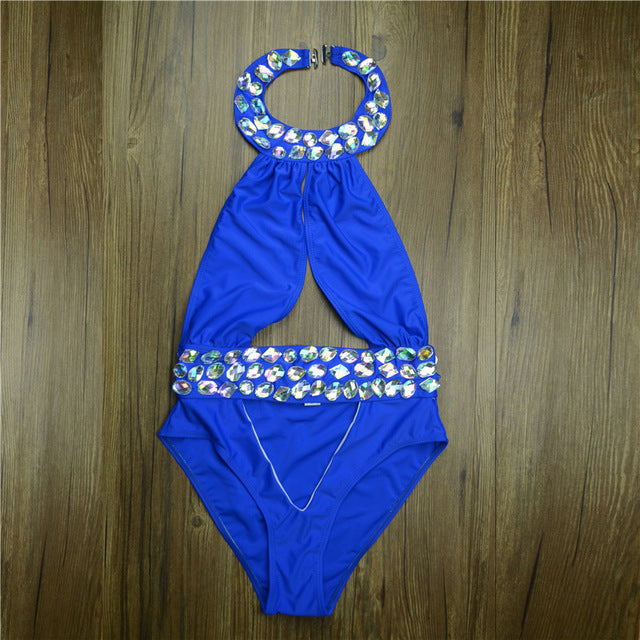 High Quality Pareo Rhinestone Diamond Crystal One Piece Swimsuit Cut Out Swimwear Women Biquini Monokini High Cut Bathing Suit