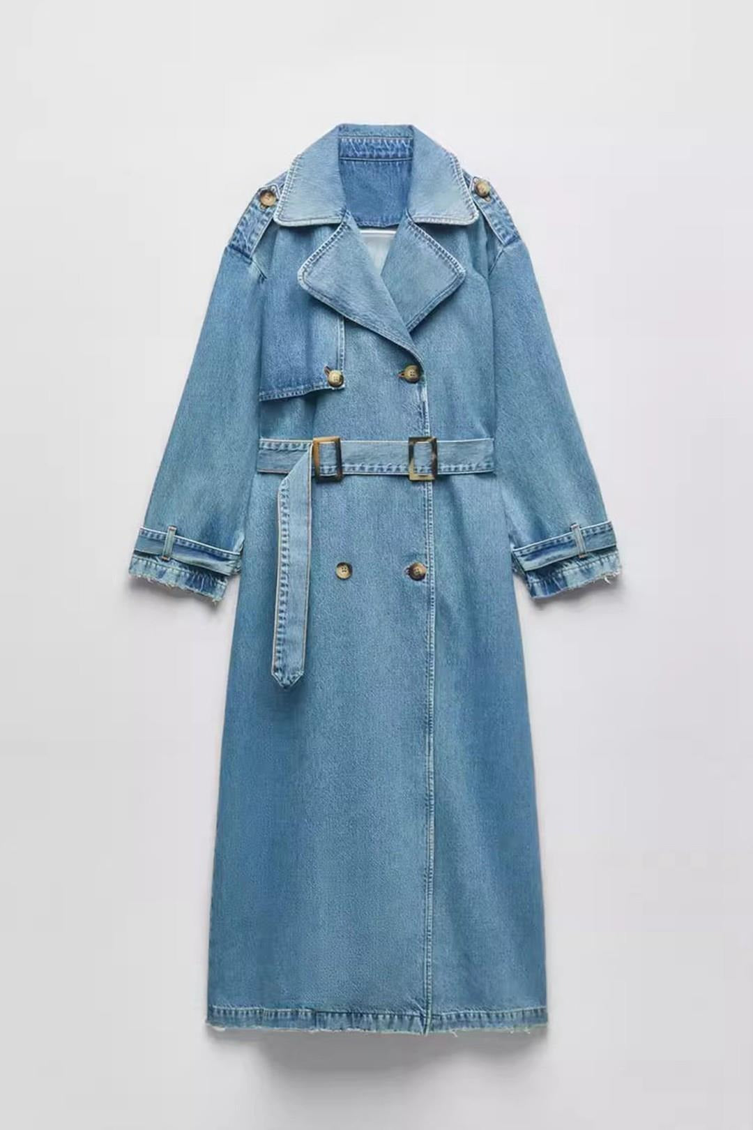 New Style With Belt Loose Mid-length Double-breasted Denim Trench Coat