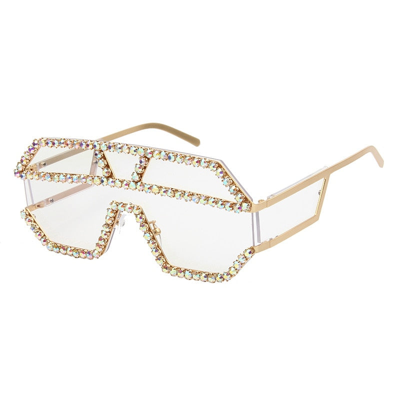 Fashion Rhinestone Oversized One Lens Rhinestone Sunglasses Men Women Crystal Geometric Patterns Sun Glasses UV400