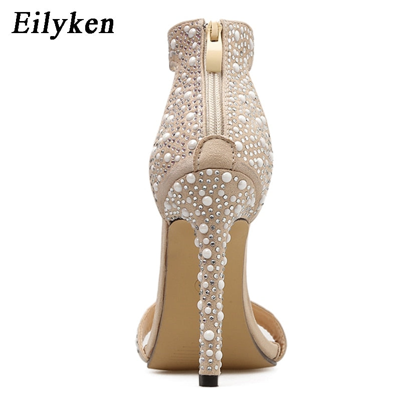 Women Sandals Pumps Summer Rhinestone Zipper Feather High Heel Apricot Women Wedding Pumps Shoes