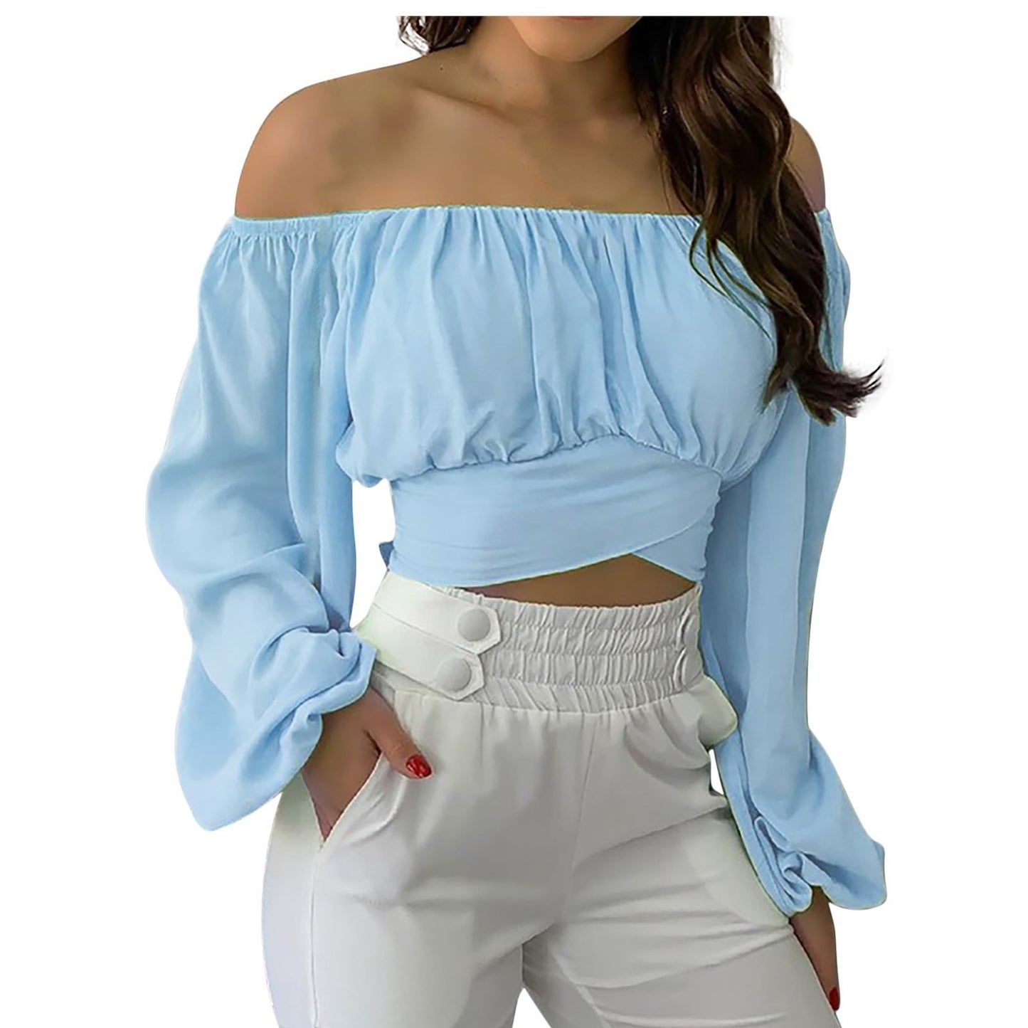 Spring/Summer European and American Women's Wear Women's Off Shoulder Cross Tie Long Sleeve Top