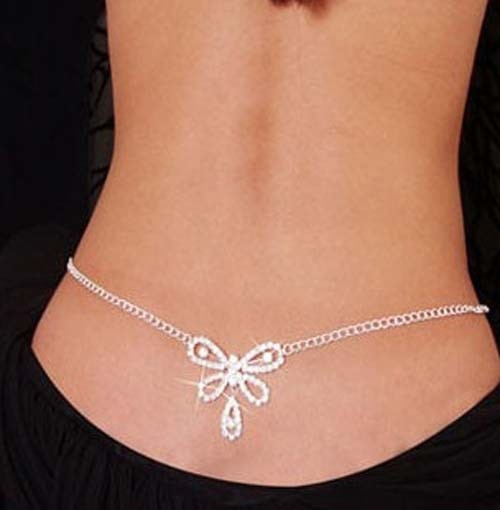 Sexy Glittery Silver Rhinestone Crystal Body Chain Belly Waist Lower Back Chain Belly Chain For Belly Dance Summer Jewelry