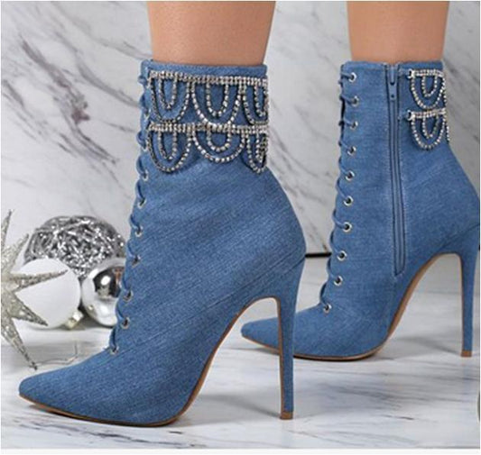 Large Size Rhinestone Chain Stiletto Pointed Toe Women's Ankle Boots