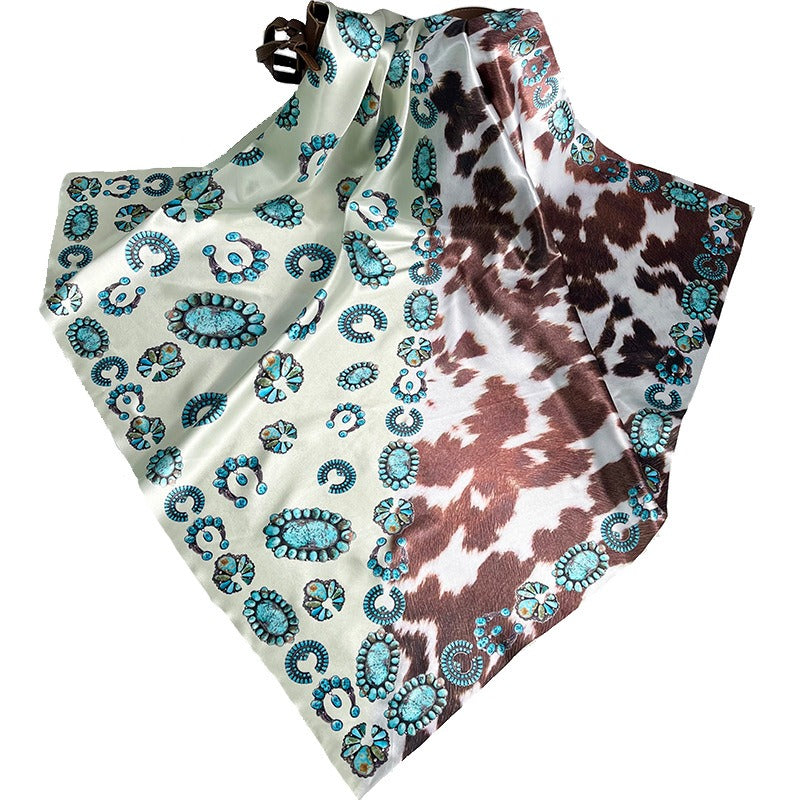 Silk Scarf European and American Womens 90 Square Scarf Western Style Vintage Printed Cow Pattern Turquoise Scarf