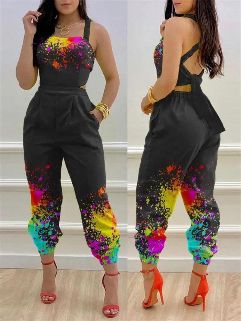 New European and American Open Back Cross Lace Up Bow Print Casual jumpsuit for Women