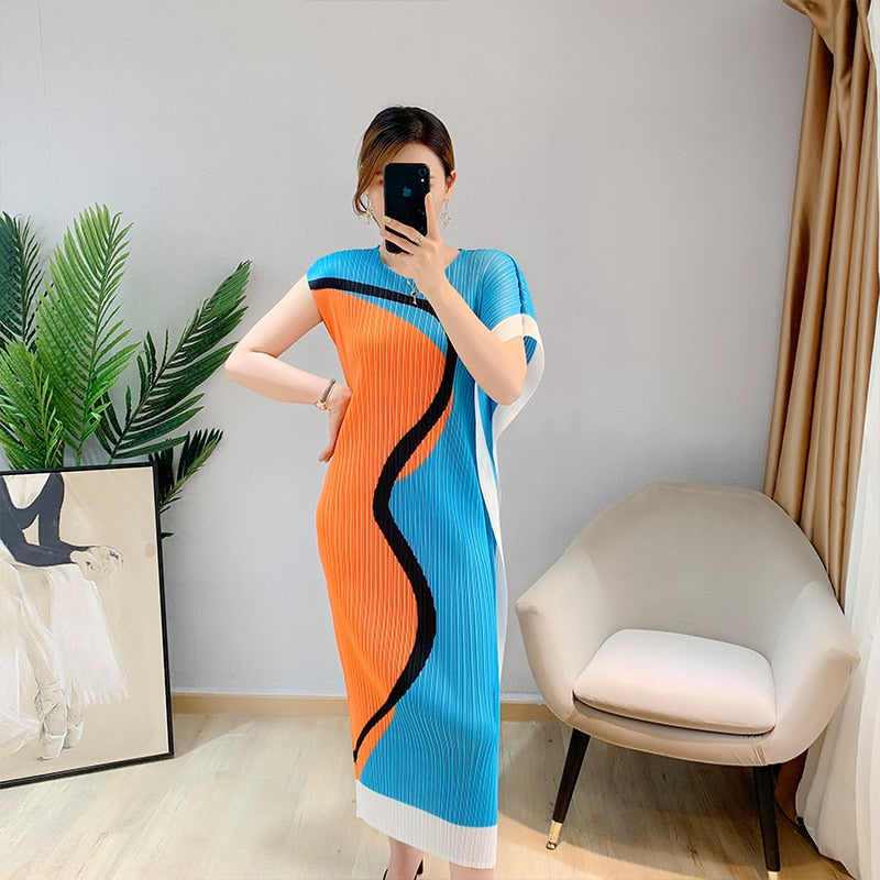 Miyake Pleated Dress Spring New Printed Bottom Skirt Slim Fashion Foreign Women Loose Large Size Long 18 To 4