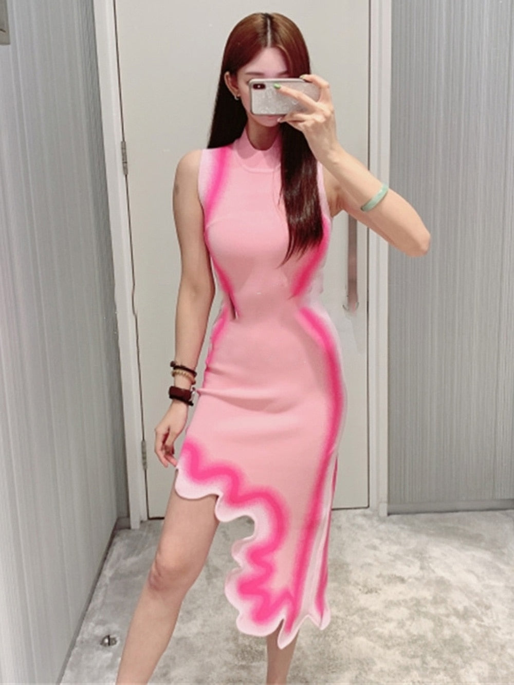 Modphy Asymmetrical Wavy Hem Round Collar Devise Tie Dyeing Printing Pink Knit Sleeveless Dresses Female Knitting Vestido