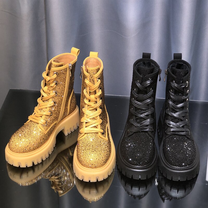 New Autumn and Winter Boots Leather Full Rhinestone Round Toe Thick Bottom Thick Heel Increased Side Zipper Lace-up Martin Boots