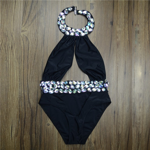 High Quality Pareo Rhinestone Diamond Crystal One Piece Swimsuit Cut Out Swimwear Women Biquini Monokini High Cut Bathing Suit