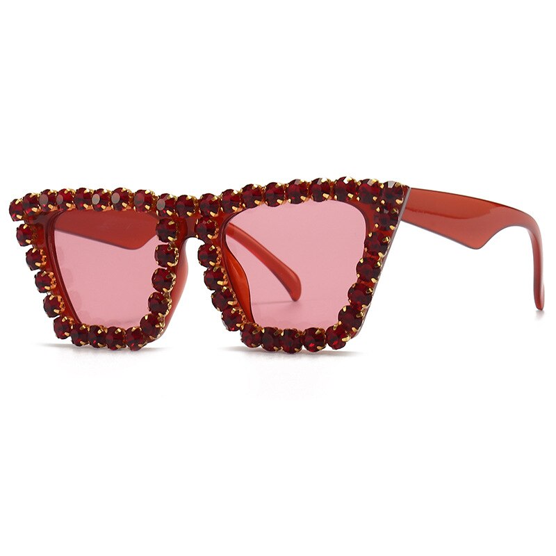 Brand Design Handmade Rhinestone Cat Eye Sunglasses Fashion Glasses Women Red with Blue Round Vintage Sunglasses Beach Party