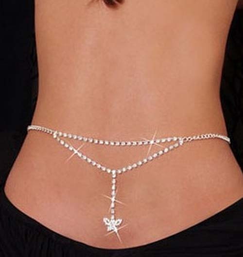 Sexy Glittery Silver Rhinestone Crystal Body Chain Belly Waist Lower Back Chain Belly Chain For Belly Dance Summer Jewelry