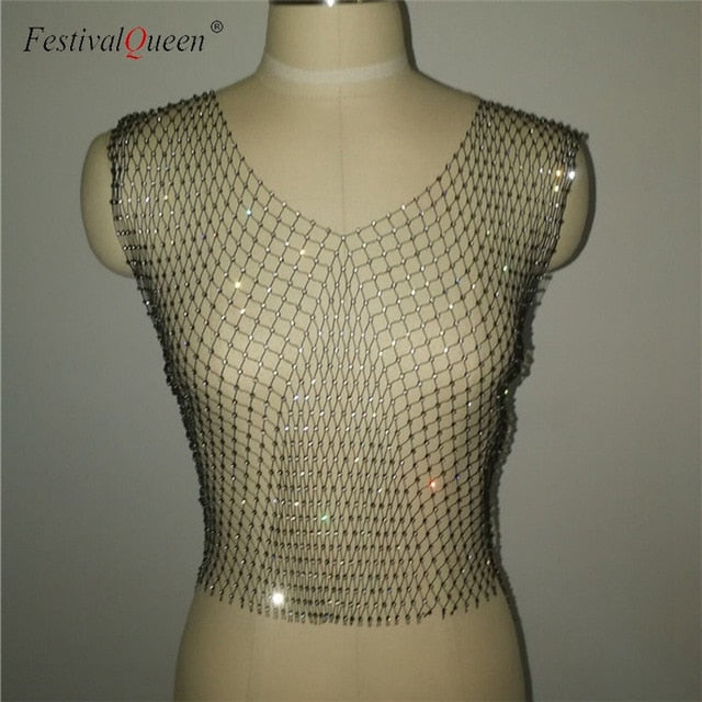 Sexy Diamonds Mesh Cropped Tank Top Women Summer Cover Up Bikini See Through Rhinestone Net Party Club Crop To