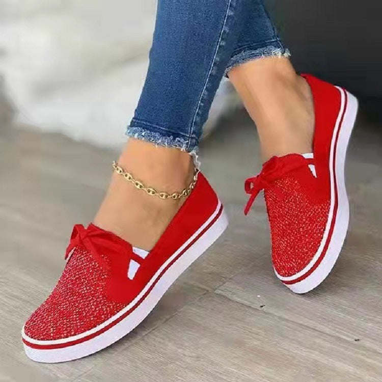 Casual Flying Woven Women's Shoes New Rhinestone Women's Shoes Flat Bow Slip-On Shoes