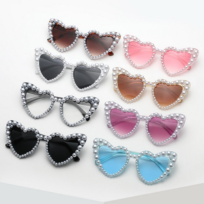 Fashion Retro Heart-Shaped Imitation Pearl Frame Sunglasses UV400 Women Cat Eye Pink Eyewear Trendy Beach Party  Sun Glasses