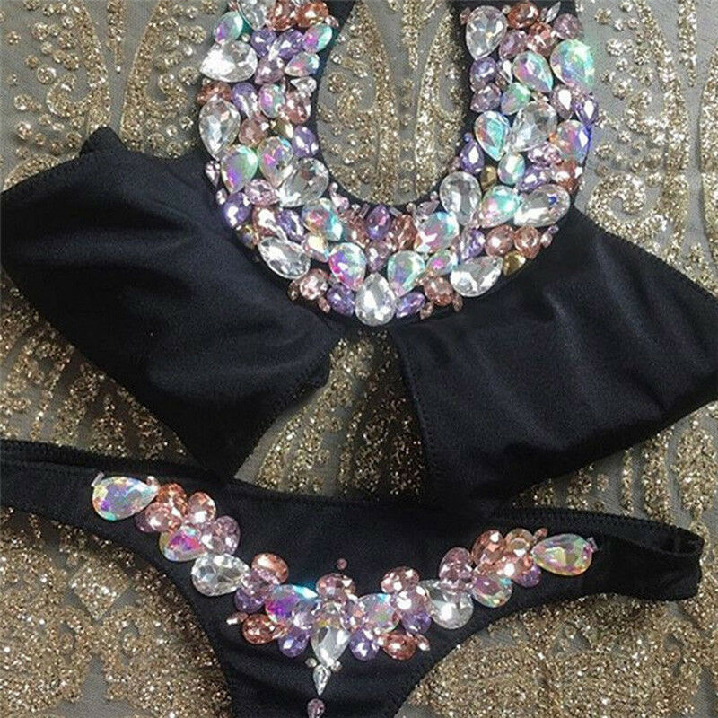 Women Rhinestone Crystal Bikini Sets Solid Push up Padded Bra Bandage Bikini Set Swimwear Bathing