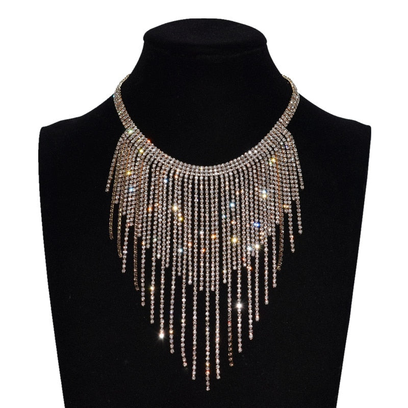 Shiny Full Rhinestone Long Chain Choker Collar Statement Necklace For Women High Quality Stunning Necklace Jewelry