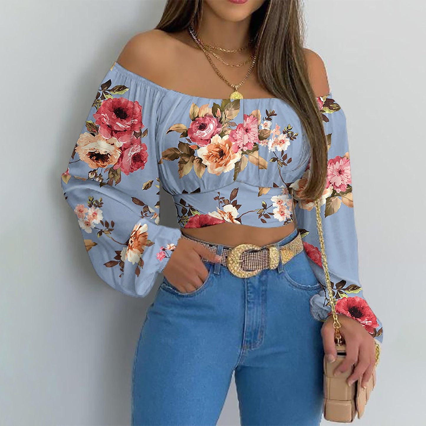 Spring/Summer European and American Women's Wear Women's Off Shoulder Cross Tie Long Sleeve Top