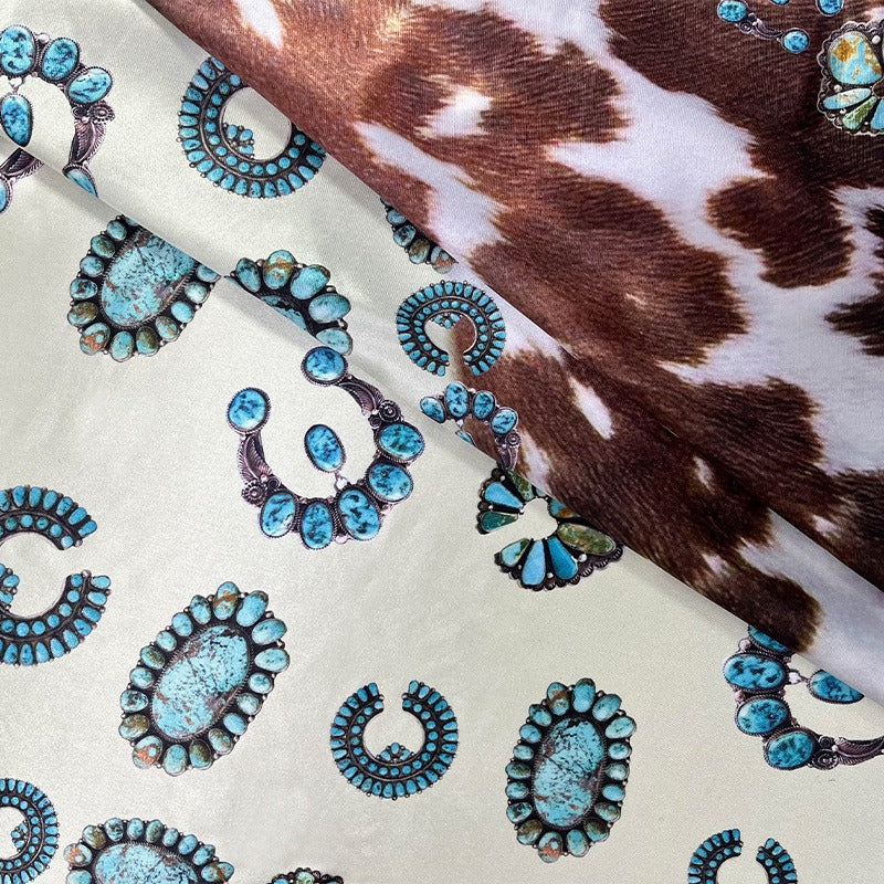 Silk Scarf European and American Womens 90 Square Scarf Western Style Vintage Printed Cow Pattern Turquoise Scarf