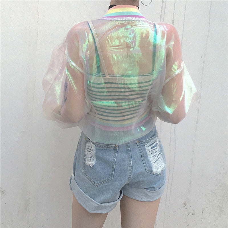 Harajuku bomber color Women Jacket Coats Laser Rainbow Symphony Hologram Coat Clear Iridescent Transparent Jersey Jacket