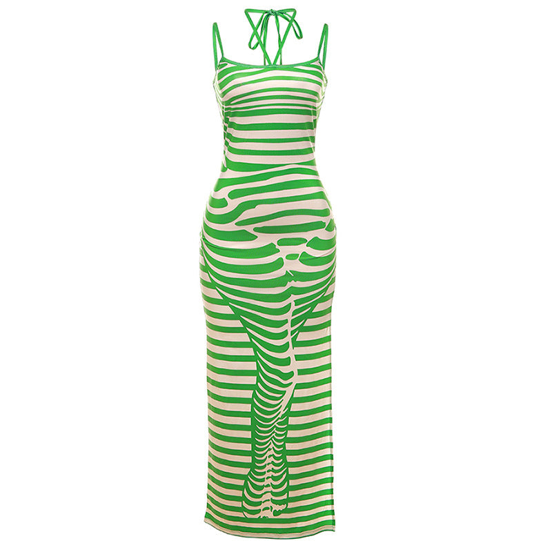 Women Striped Printed Knit Sleeveless  Dress Vestidos Sexy Party Evening Dresses