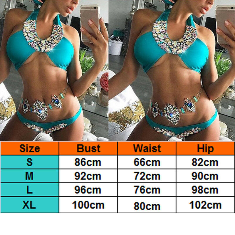 Women Rhinestone Crystal Bikini Sets Solid Push up Padded Bra Bandage Bikini Set Swimwear Bathing