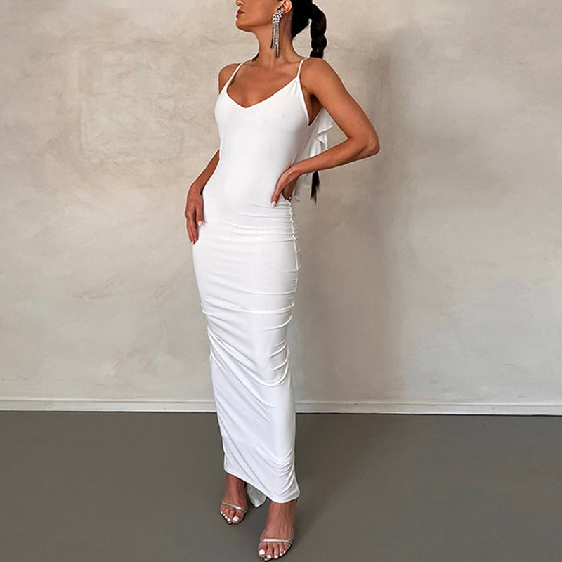 Spliced Wooden Ear Edge Long Dress Open Back V-Neck Tight Wrap Hip Strap Dress Sexy Pleated Temperament Long Dress