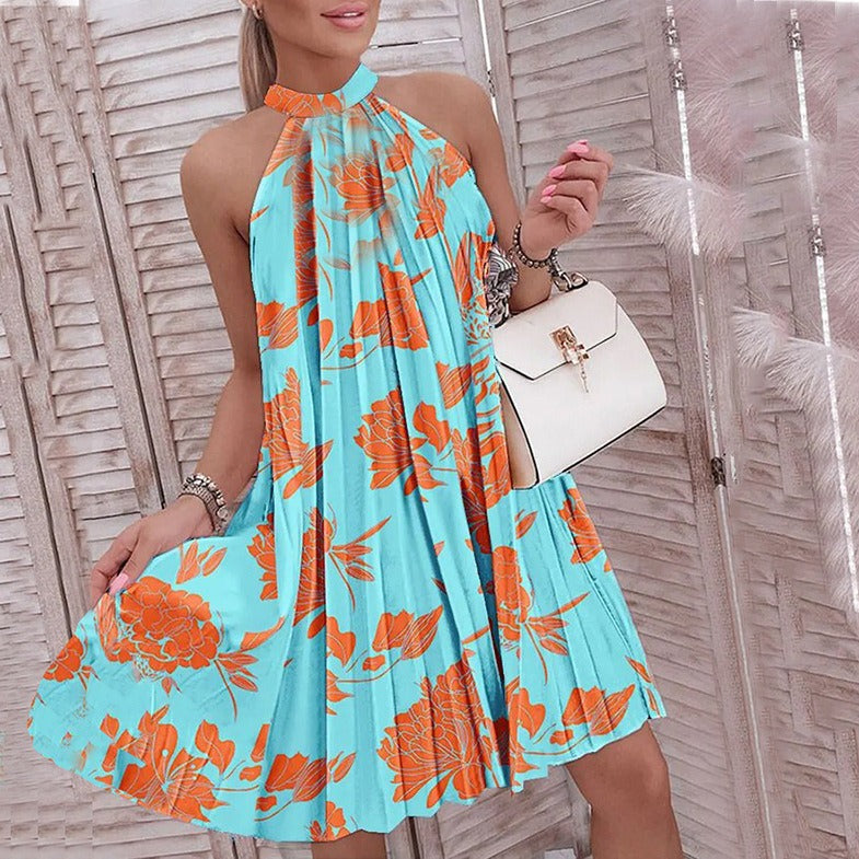 Printed Hanging Neck Collar Sleeveless Pleated Off Shoulder Elegant Temperament Dress Short Skirt