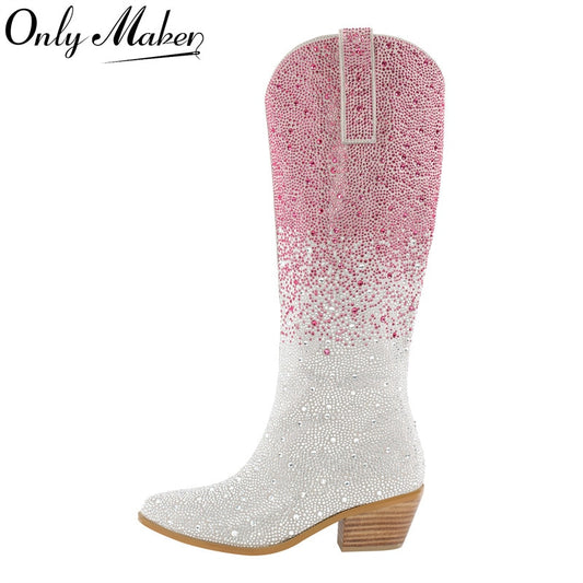 Processing time:7-15days after placing orders Onlymaker Women Pointed Toe Rhinestone Knee High Western Cowgirl Boots Glitter Bling Shiny  Block Heel Lady Boots