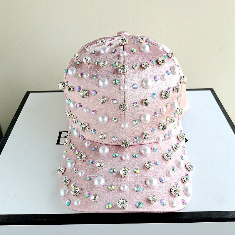 Woman Girl Rhinestone Pearl Baseball Hat White Pink Adjustable Snapback Cap Fashion Spring Sunhat Cool High Quality Hat