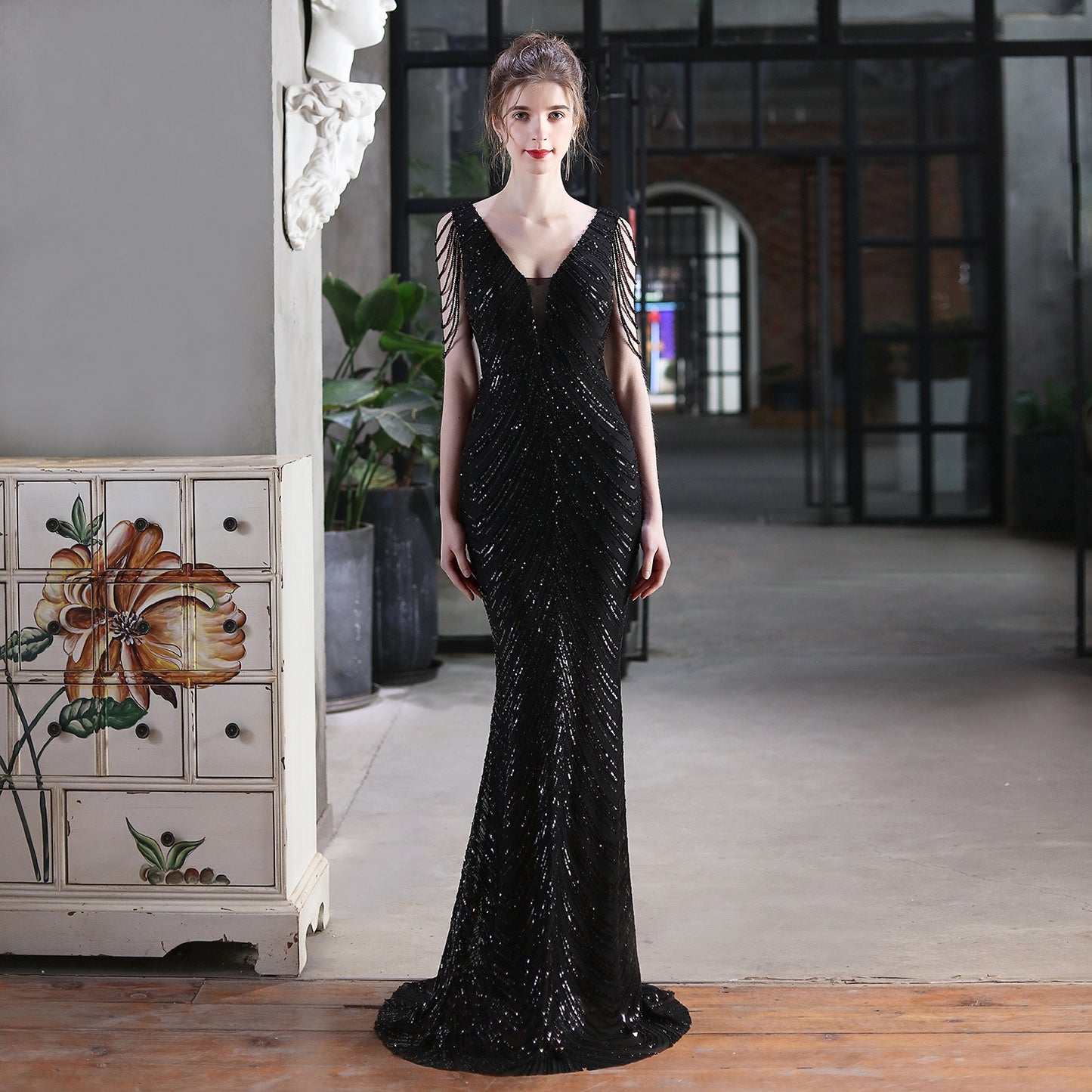 New sequin fishtail long dress performance event banquet car model etiquette evening dress