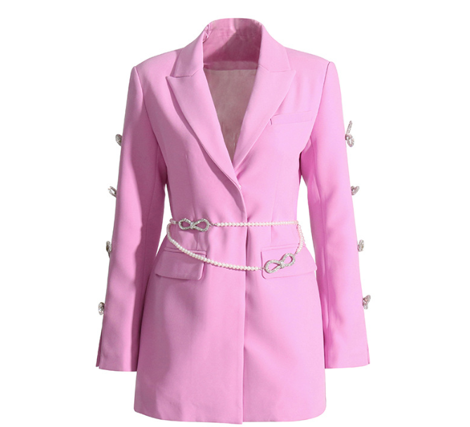 Spring New Design Feeling Temperament  Hollow Bow Knot Rhinestone Sleeve  Pearl Belt  Suit Dress Female