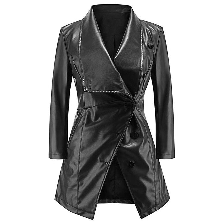 Women Medium long sleeves Coat autumn winter large lapel leather Temperament Buttons PU jacket