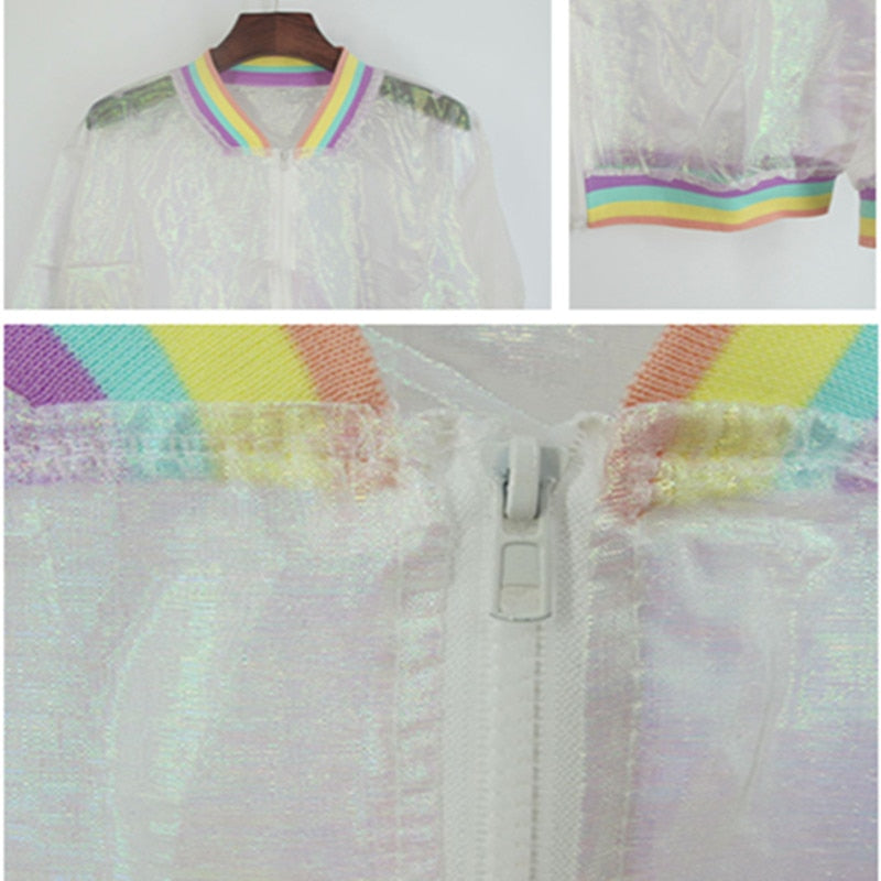 Harajuku bomber color Women Jacket Coats Laser Rainbow Symphony Hologram Coat Clear Iridescent Transparent Jersey Jacket