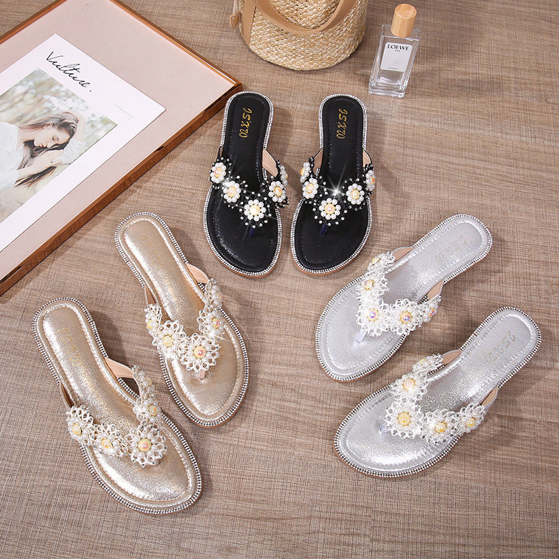 Summer New Beach Sandals Pearl Rhinestone Flower Flat Large Size Sandals Women Slippers