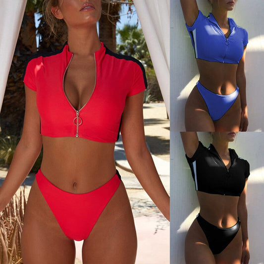 Summer Sexy Women Two-Piece Swimsuit Beachwear Swimwear Female Short Sleeve Zip Up Bikini Sets Bathing Suits Swimwears Costume