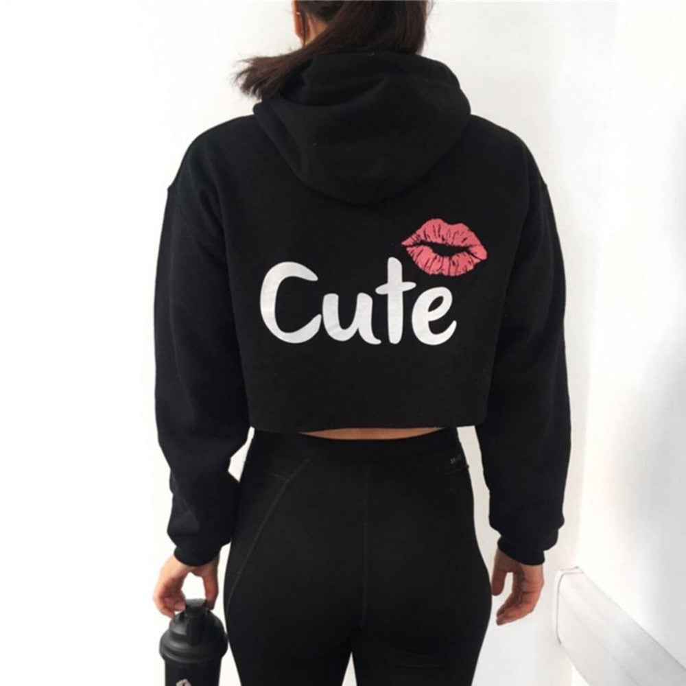 Womens Letters Lips Printed Crop Tops Loose Hoodies Sweatshirts Long Sleeve Drawstring Pullover Casual Jacket Outwear