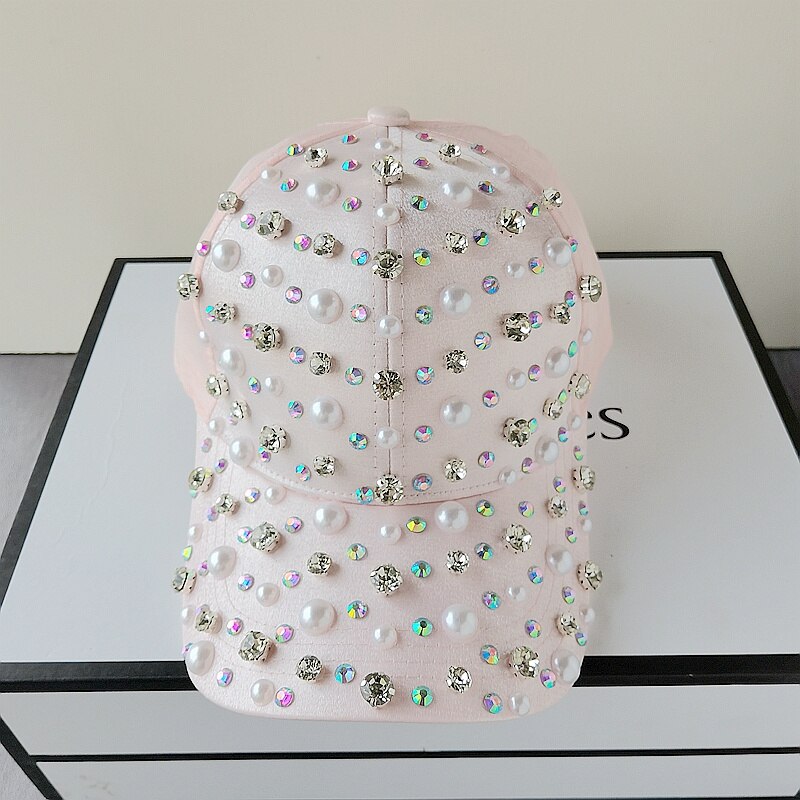 Woman Girl Rhinestone Pearl Baseball Hat White Pink Adjustable Snapback Cap Fashion Spring Sunhat Cool High Quality Hat