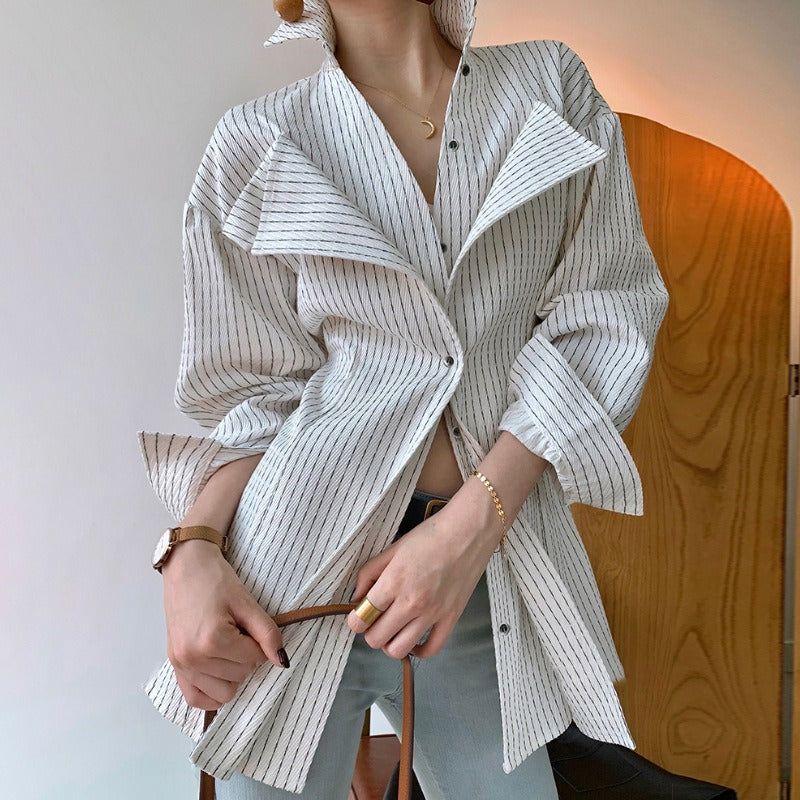 Spring New Casual Slim Type With Suit Collar Side Opening Long-Sleeved Fashion Striped Women's Shirt