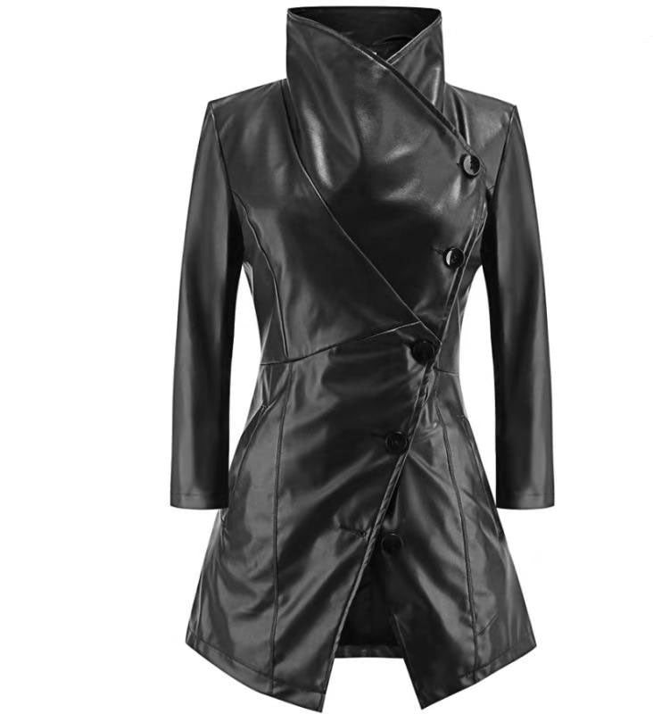 Women Medium long sleeves Coat autumn winter large lapel leather Temperament Buttons PU jacket