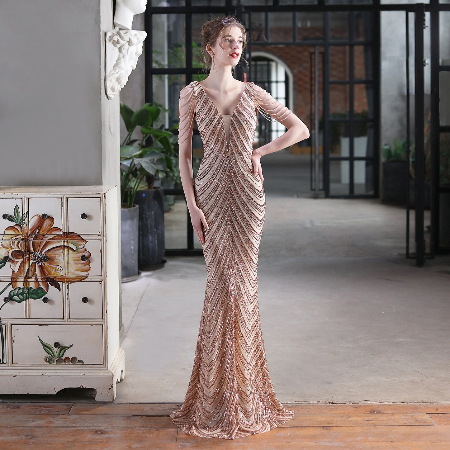 New sequin fishtail long dress performance event banquet car model etiquette evening dress