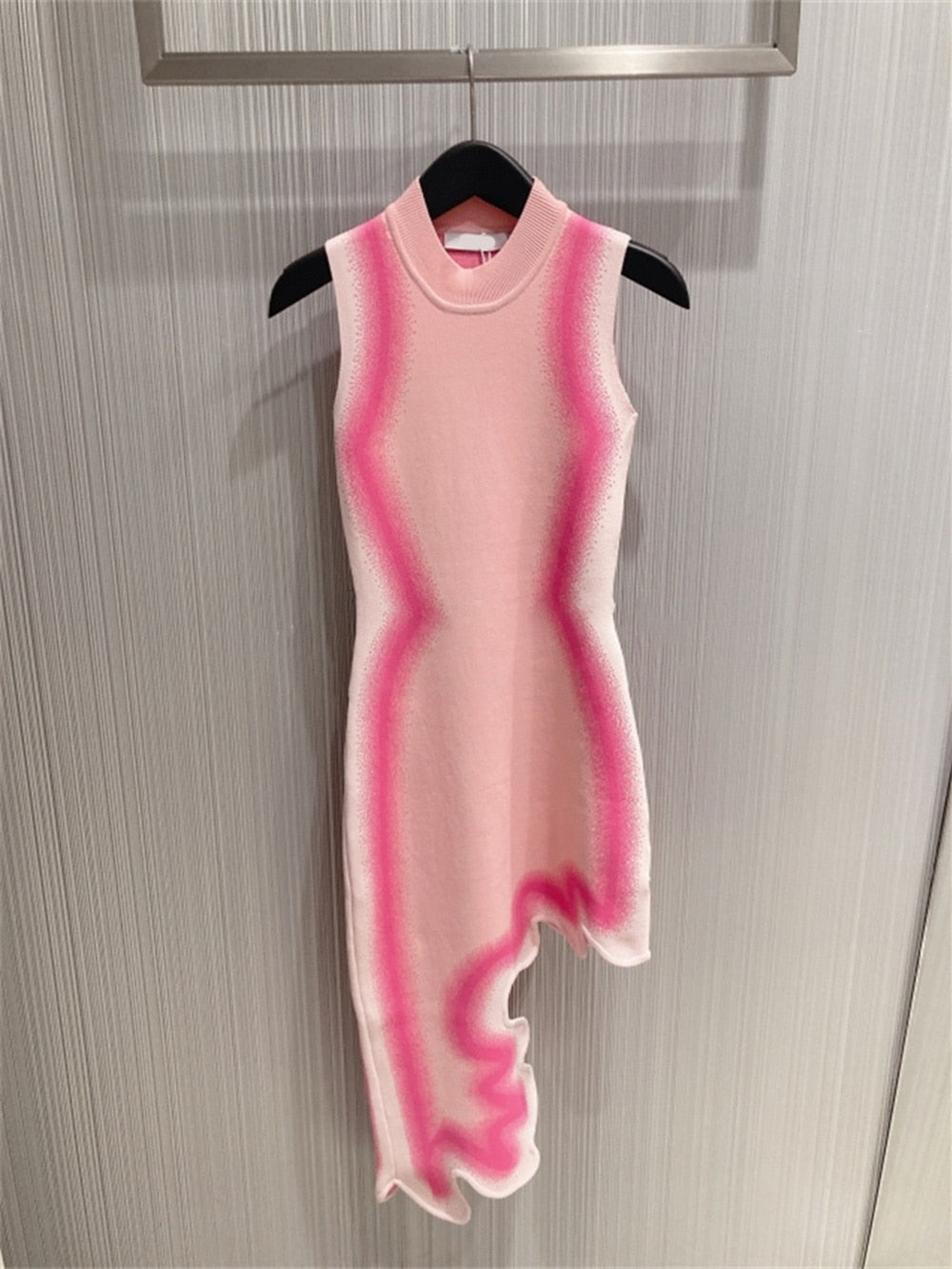 Modphy Asymmetrical Wavy Hem Round Collar Devise Tie Dyeing Printing Pink Knit Sleeveless Dresses Female Knitting Vestido