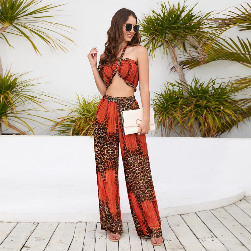 Summer New Suit Slim Fit Bust Hanging Neck Top Printed Wide Leg Pants Casual Fashion Pants Set