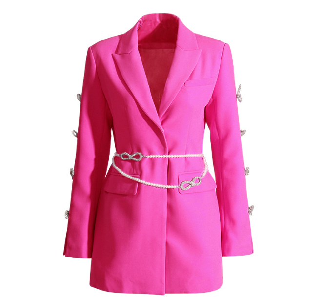 Spring New Design Feeling Temperament  Hollow Bow Knot Rhinestone Sleeve  Pearl Belt  Suit Dress Female