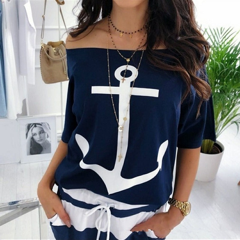 New Loose One Shoulder Bat Shirt Printed T shirt for Women