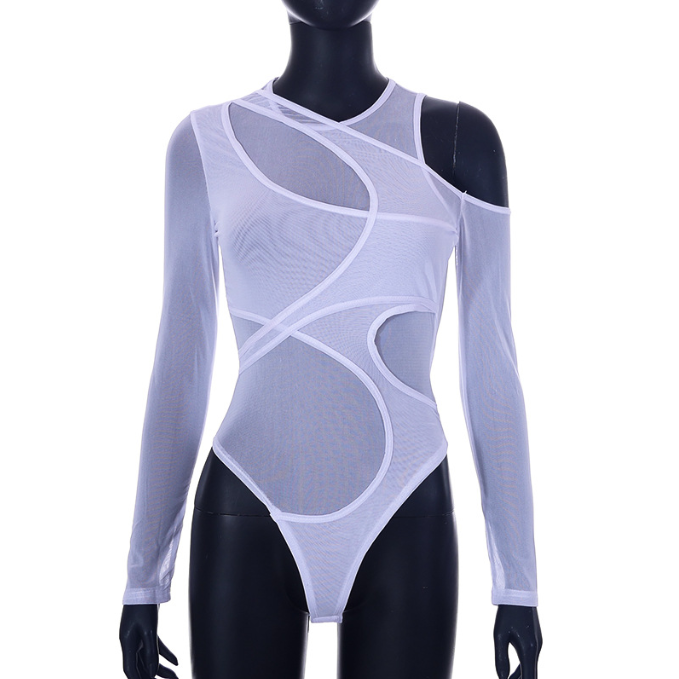 Summer New Fashion Sexy Mesh Perspective Tight Long Sleeve Bodysuit in Stock