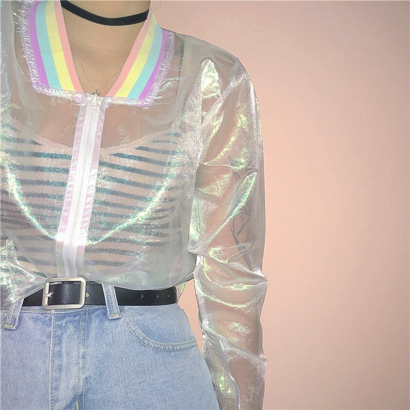 Harajuku bomber color Women Jacket Coats Laser Rainbow Symphony Hologram Coat Clear Iridescent Transparent Jersey Jacket