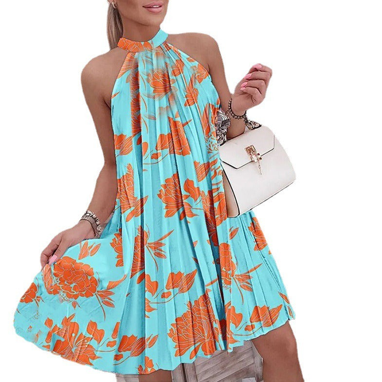 Printed Hanging Neck Collar Sleeveless Pleated Off Shoulder Elegant Temperament Dress Short Skirt