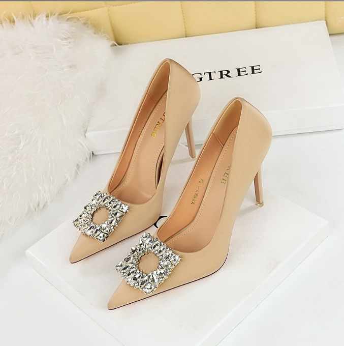 Spring and autumn banquet high heeled shoes women shoes super high heeled shallow mouth pointed toe satin rhinestone buckle