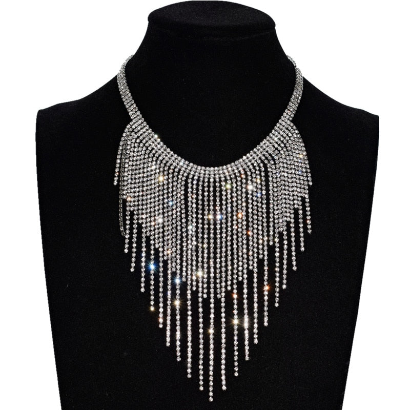 Shiny Full Rhinestone Long Chain Choker Collar Statement Necklace For Women High Quality Stunning Necklace Jewelry