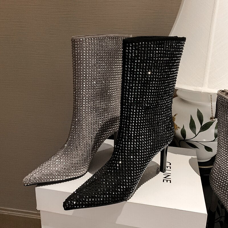 Women's Rhinestone High Heel Booties Fall New Pointed Toe Mid Boots 8.5cm High Heel Black Rhinestone Side Zipper Boots Size 39